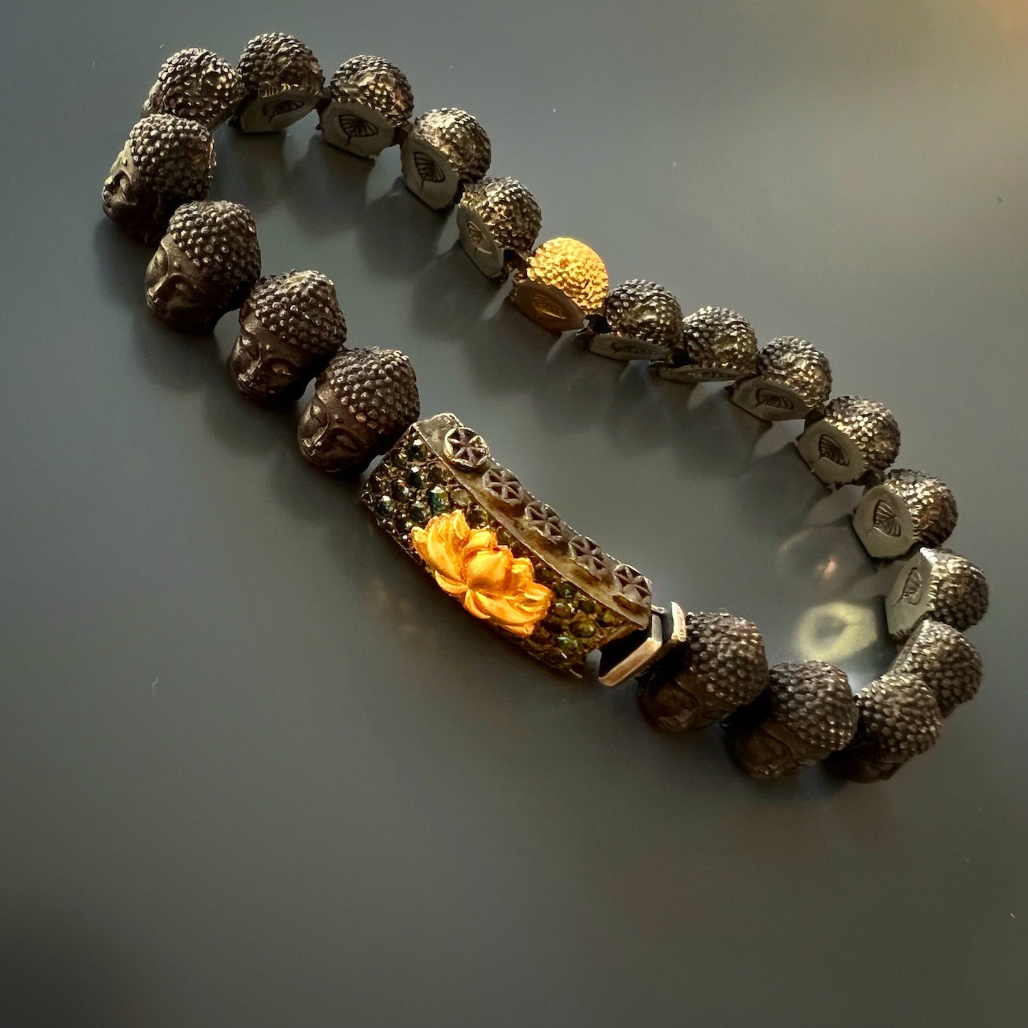 Unique Piece - Handmade Gold and Silver Buddha Bracelet with Blue Diamonds.