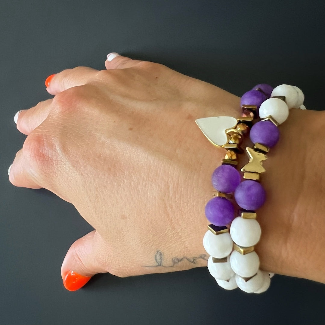 Pure Love Heart Butterfly Beaded Bracelet Set | Handmade Purple and White Jade | Ebru Jewelry
