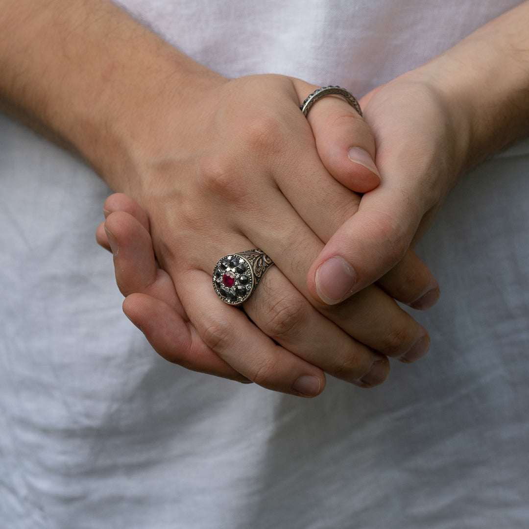 Model Wearing Ruby Signet Ring - Embracing elegance and style.