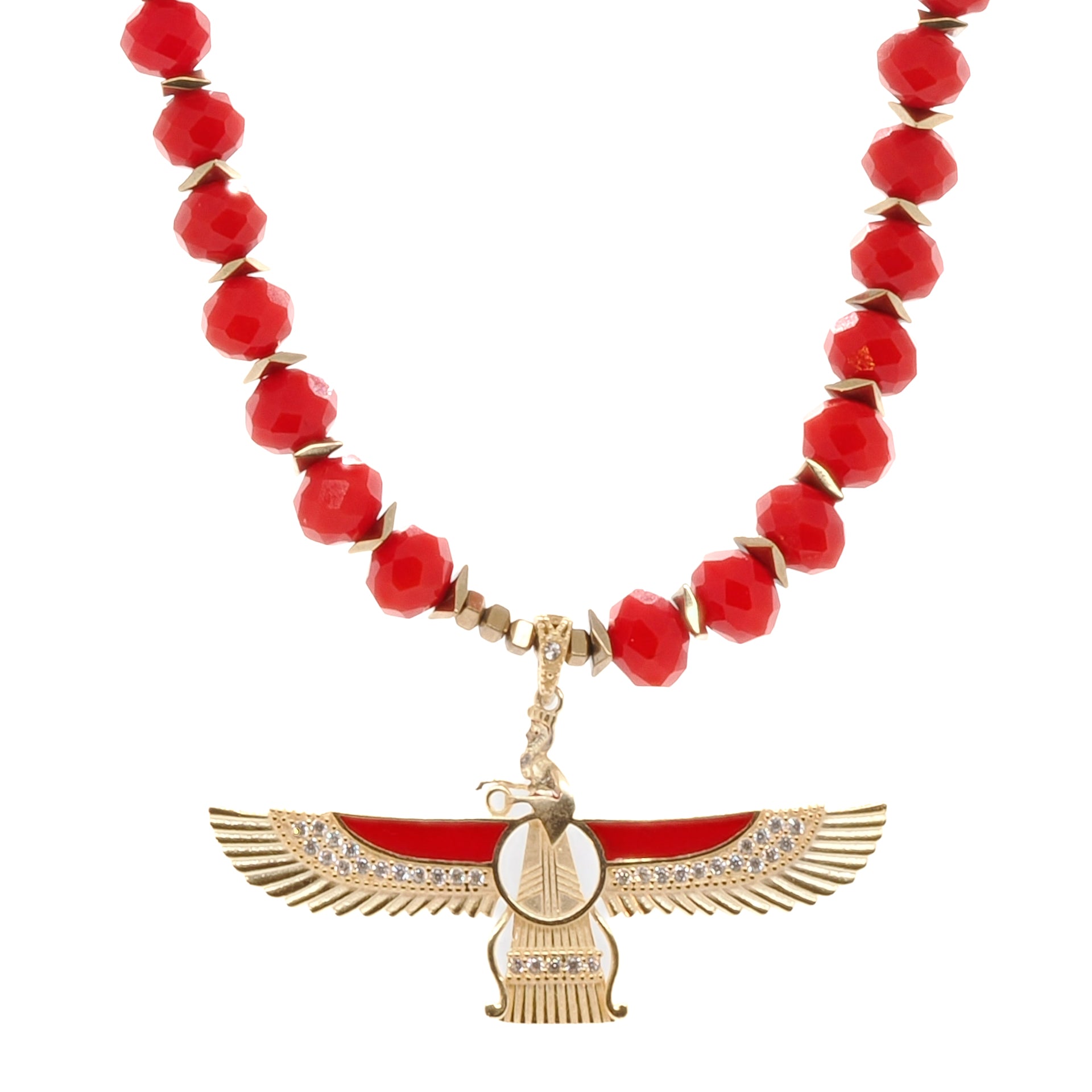Powerful and Meaningful - The Handcrafted Red Crystal Faravahar Necklace Shines Brightly.
