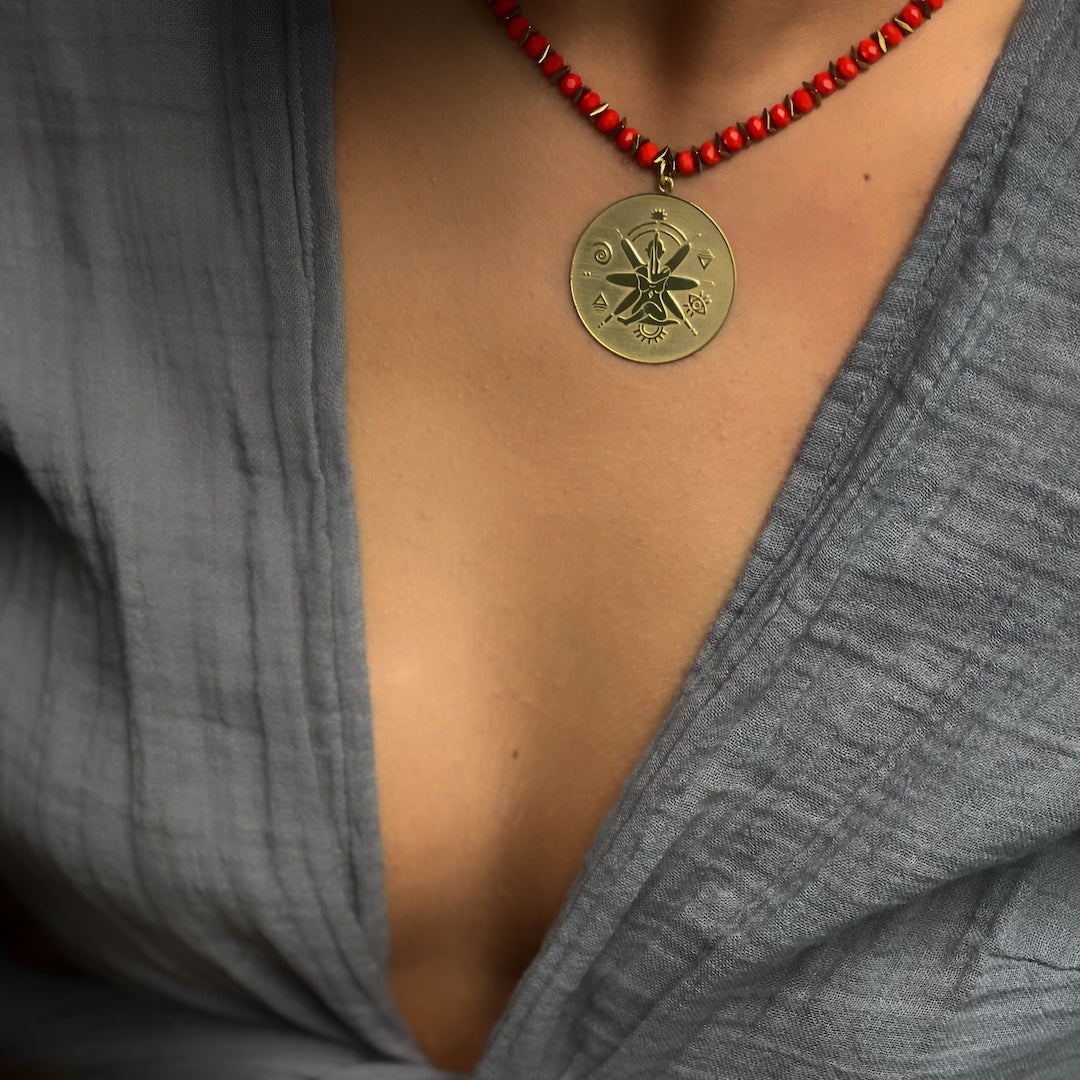 Model showcasing the See The Good Choker Necklace - radiating positivity and style.