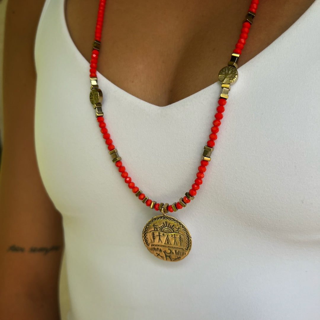 Embrace the Shamanic Symbols with the Native American Pendant Necklace - Model showcasing the spiritual essence of the necklace.