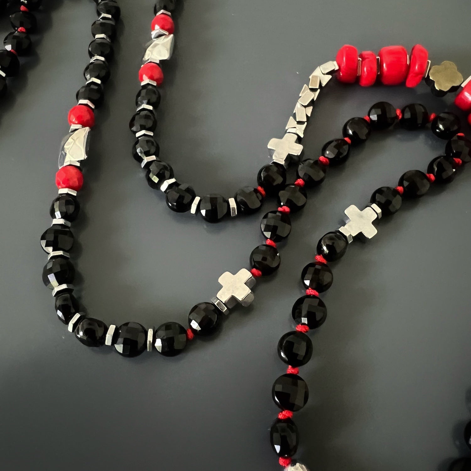 Onyx and Red Coral Beaded Necklace - A symbol of protection and personal growth.