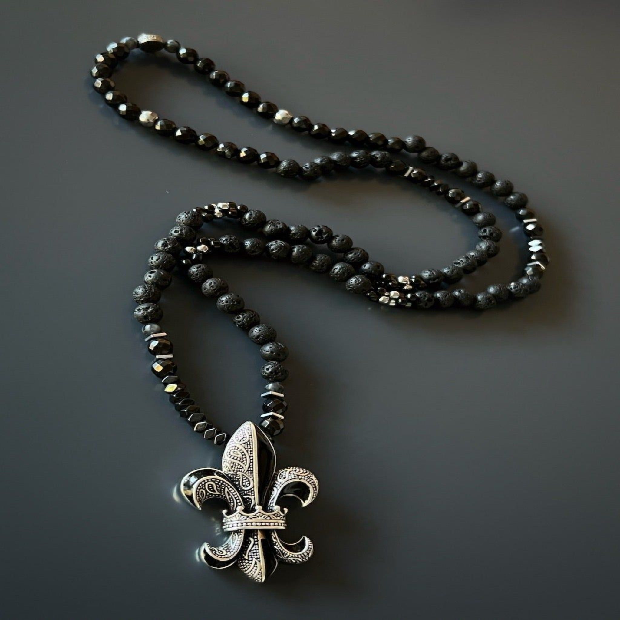Authority and Grace - Fleur De Lis Necklace with Hematite Beads.