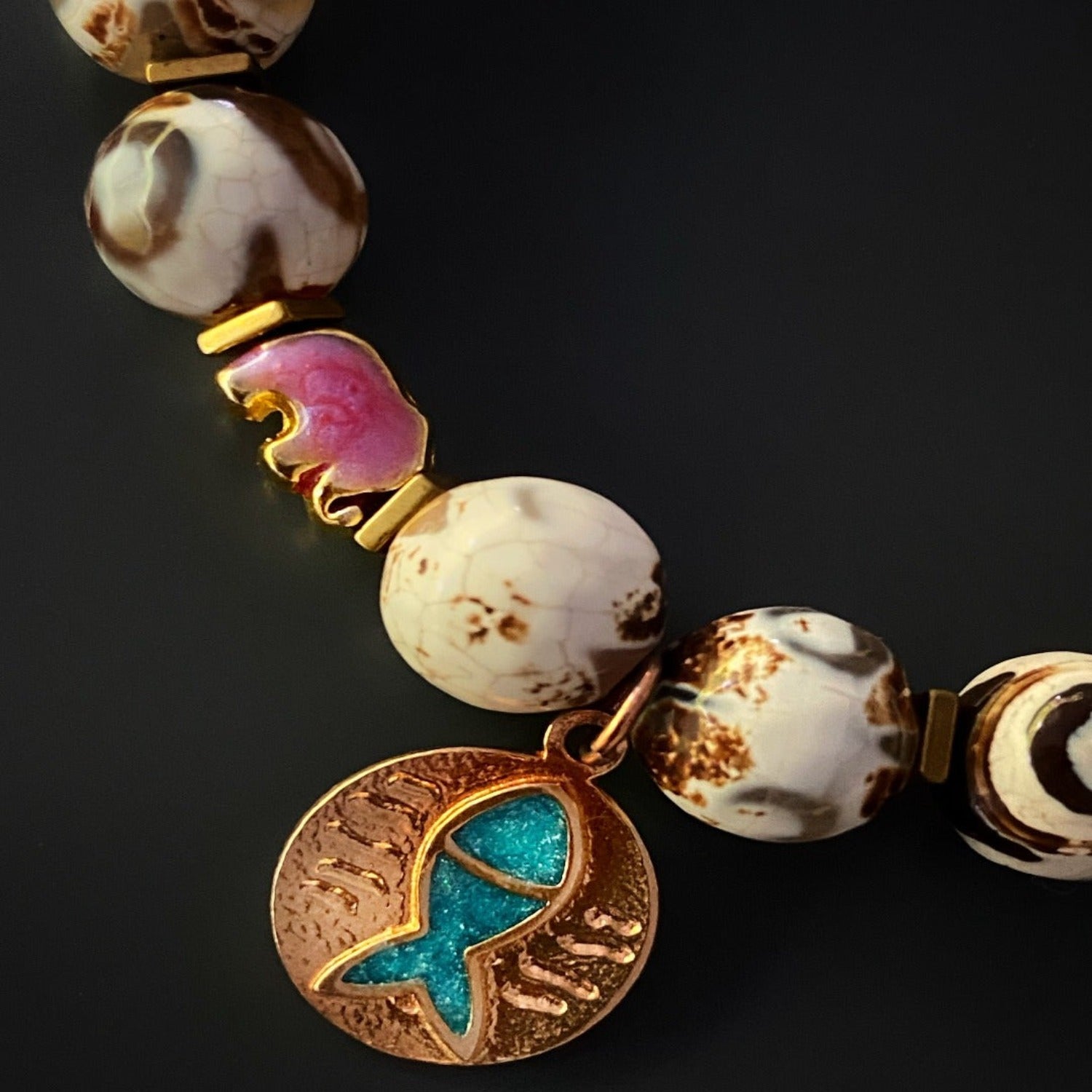 Embrace the positive vibes and stylish charms of the Lucky Fish Bracelet Set, featuring Tibetan agate beads, gold hematite, and symbolic charms for attracting good luck and fortune.