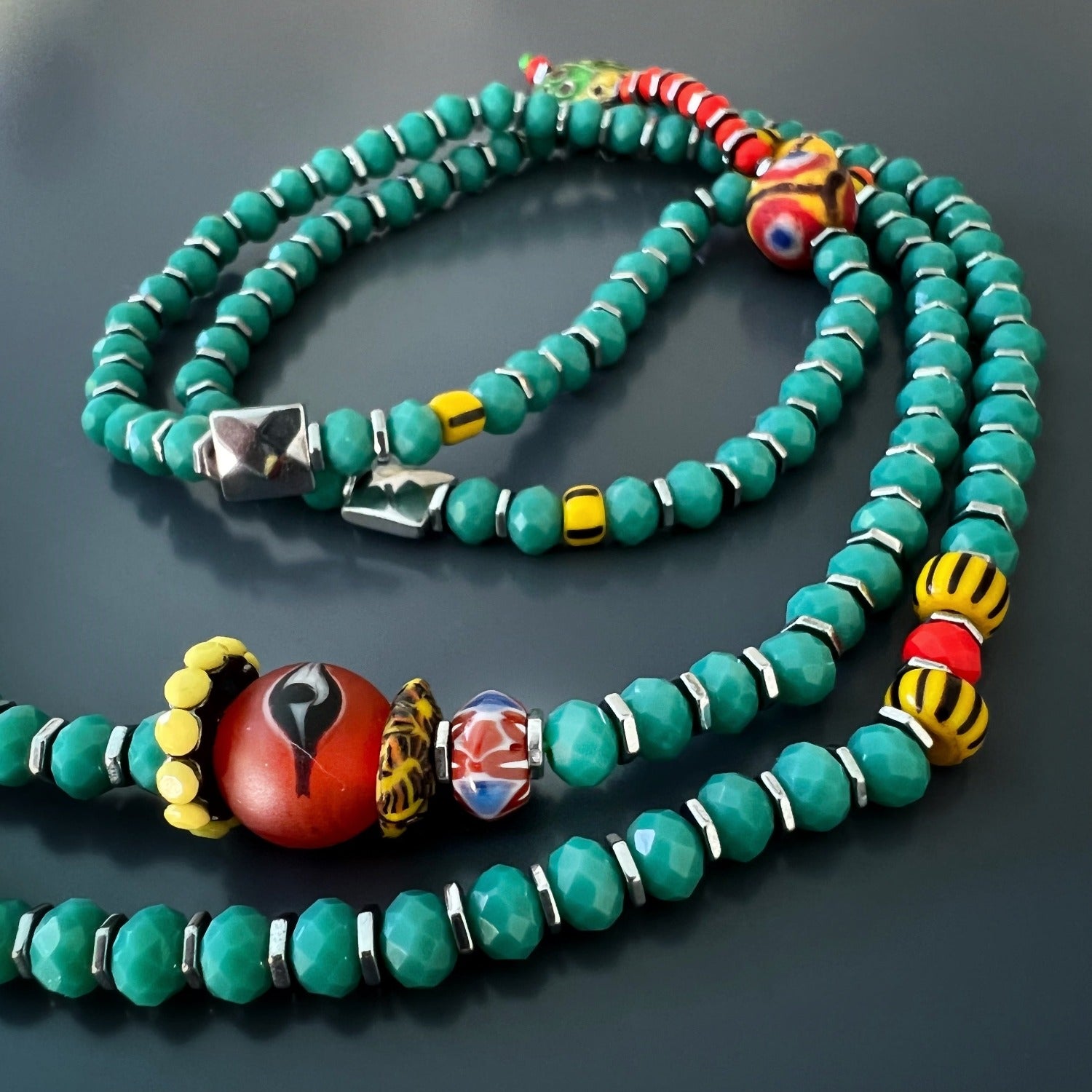 Spiritual Summer Vibes Yogi Necklace with symbolic Om pendant and protective evil eye bead.