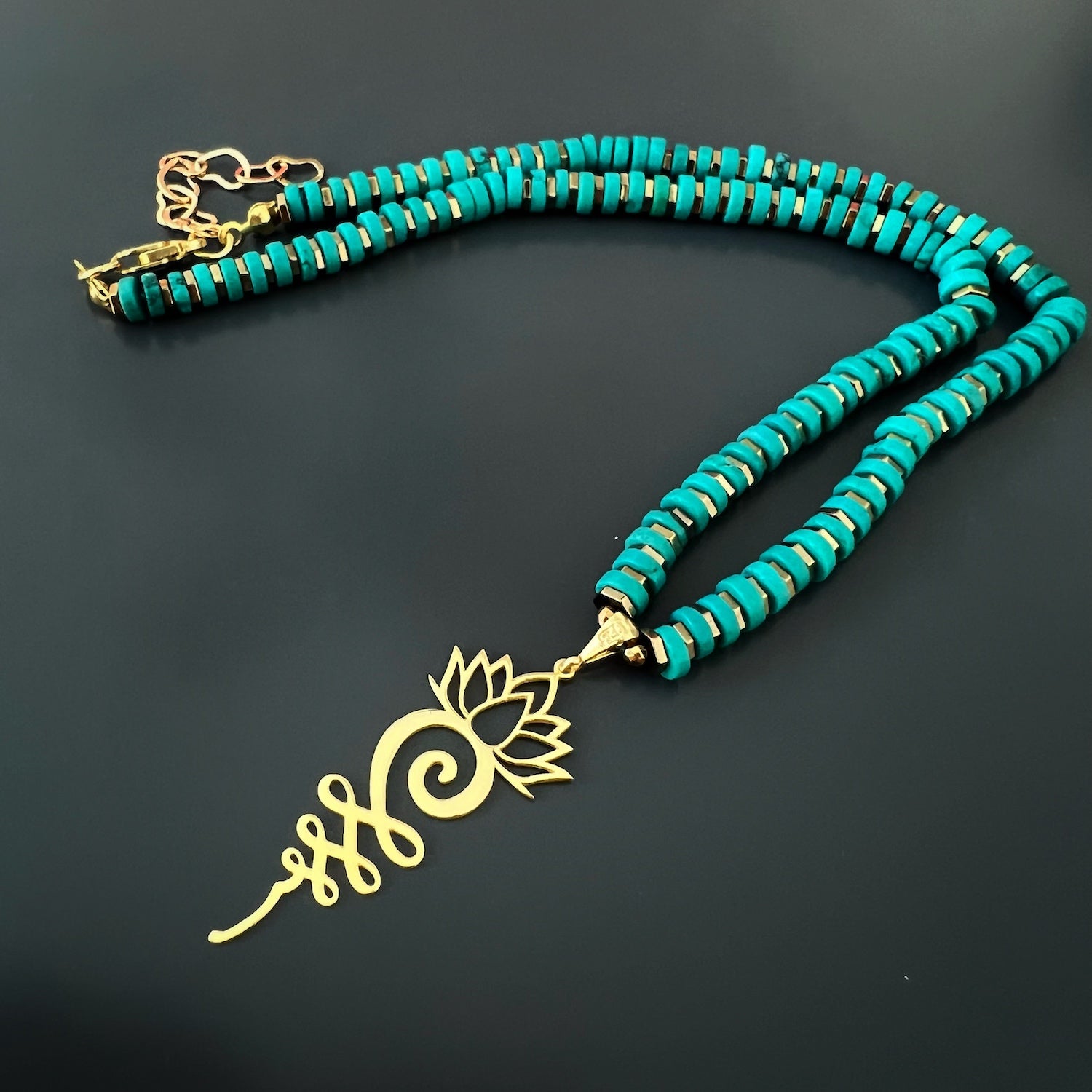 The tranquil beauty of the Turquoise Unalome Serenity Necklace, perfect for fostering inner peace