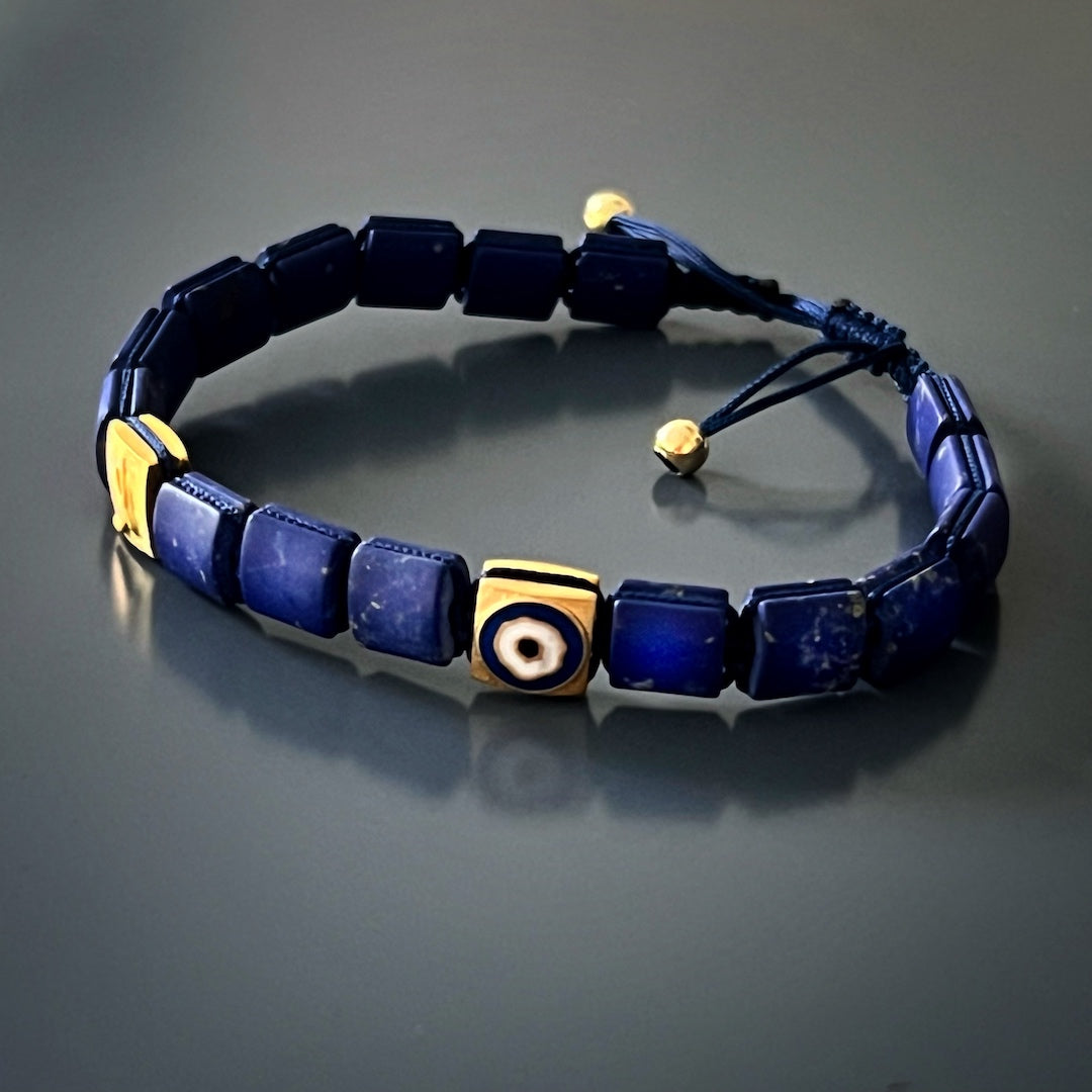 Custom Sizing Available - Contact us to personalize your Woven Lapis Lazuli Evil Eye Bracelet.