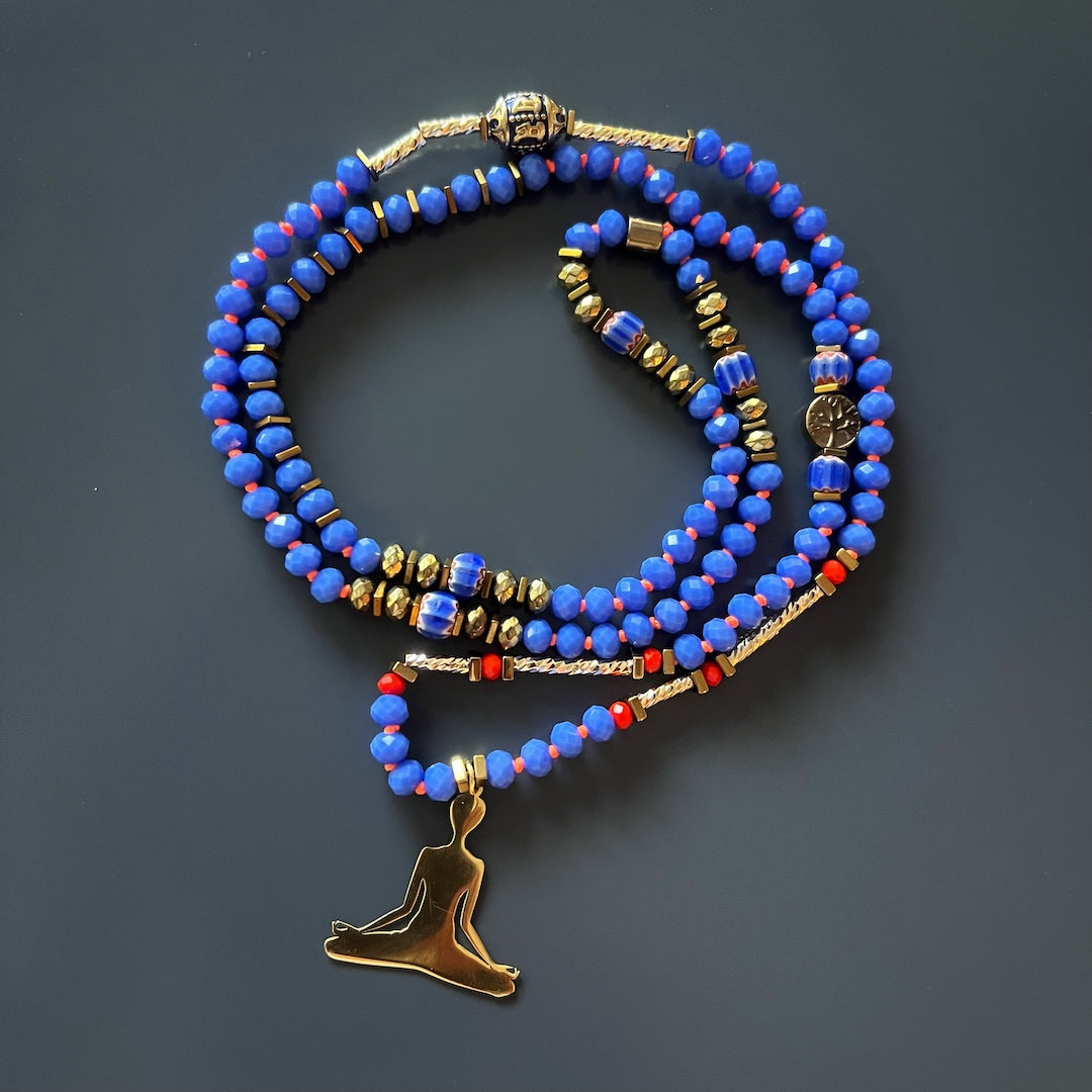 Handmade necklace designed for yoga and meditation lovers, showcasing vibrant Nepal beads and a meaningful Om Mani Padme Hum mantra bead.
