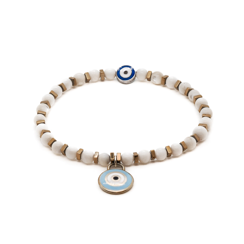 Agate Evil Eye Anklet; handmade white agate stone beads with gold hematite spacers and 925 sterling silver on gold vermeil baby blue and white enamel evil eye charm, handmade in USA