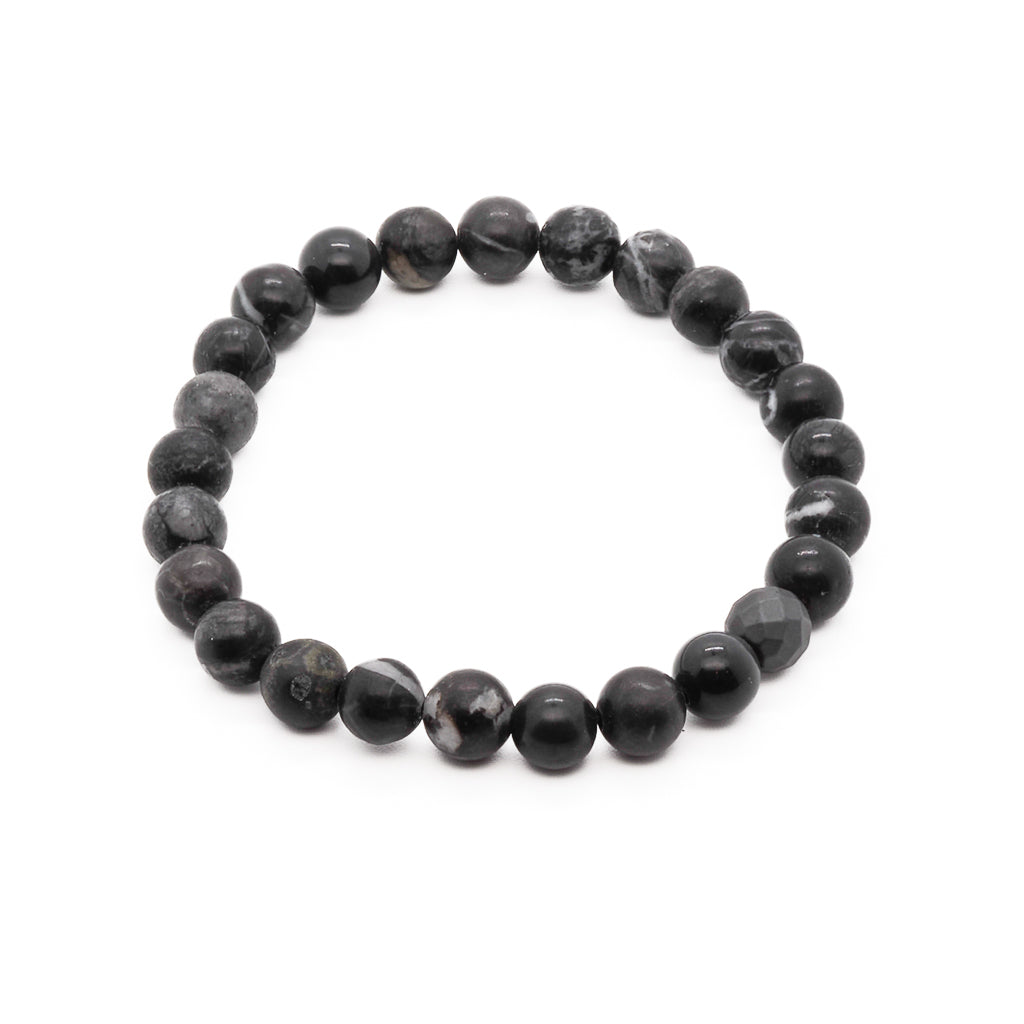 Agate Men Bracelet; sleek and stylish black agate stone beads on stretchy high quality jewelry cord