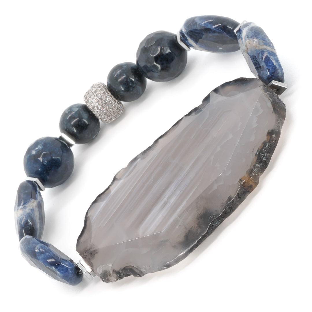 The Agate Spiritual Balance Bracelet on display, showcasing its unique combination of chunky agate stones, smooth sodalite stones, and Swarovski crystals.