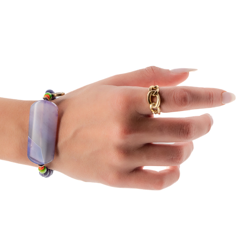 Model wearing the Amethyst Meditation Bracelet - a stunning accessory for spiritual balance and healing.