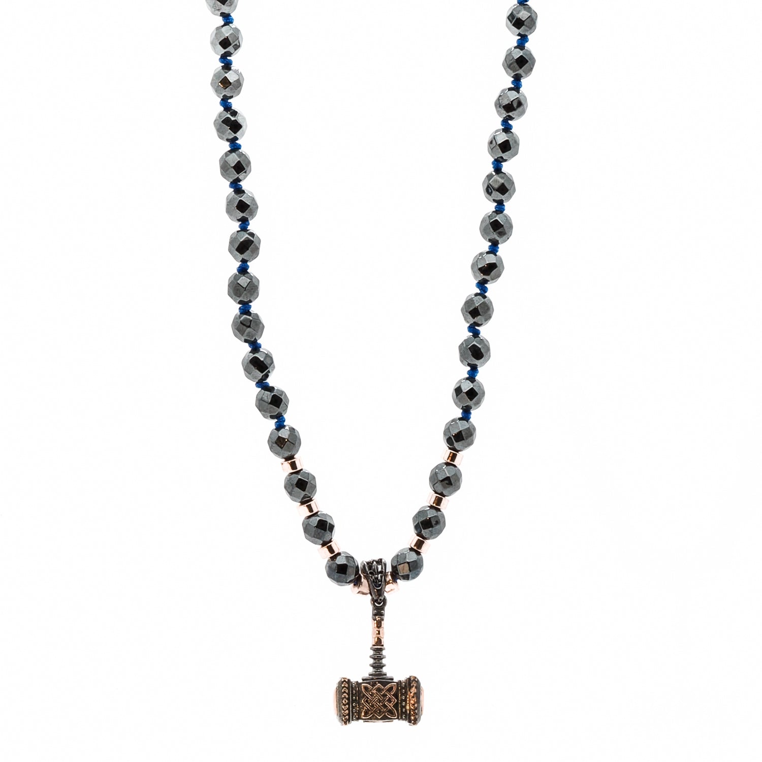 Hematite Stone Ax Men&#39;s Necklace with Handmade 925 Silver and 24K Gold Plated Pendant