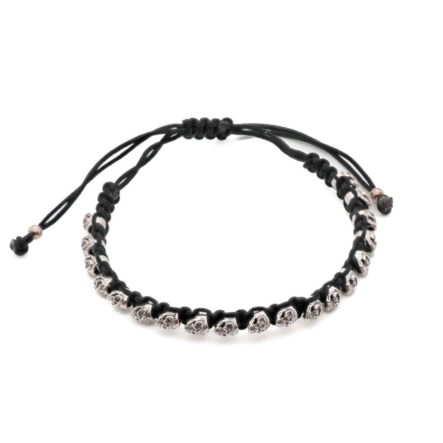 Black and silver skull bracelet with handmade knotted rope and 925 Solid Sterling Silver skull charms.