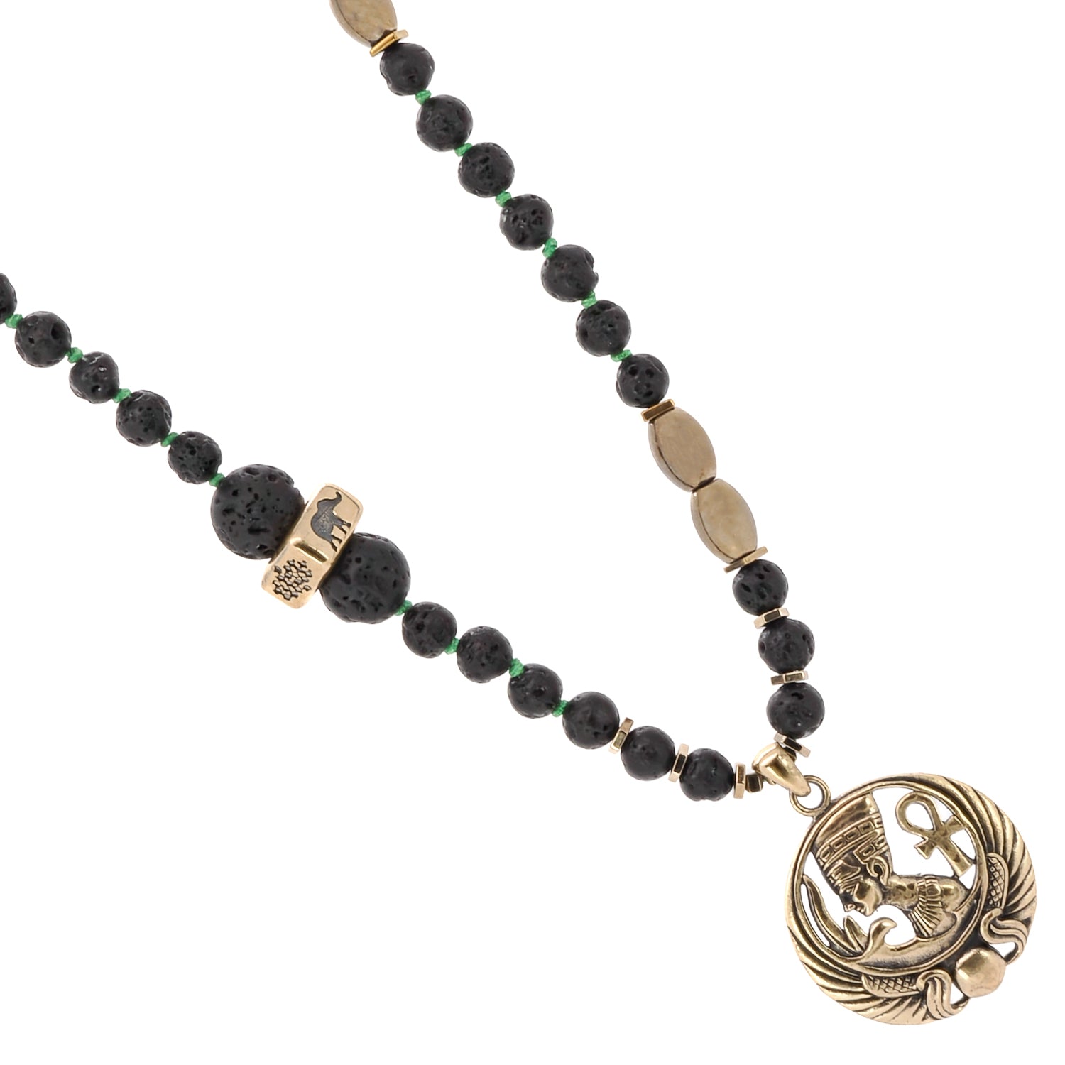 Talismanic Black Queen Nefertiti Necklace with Elephant, Hamsa, and Evil Eye Bead