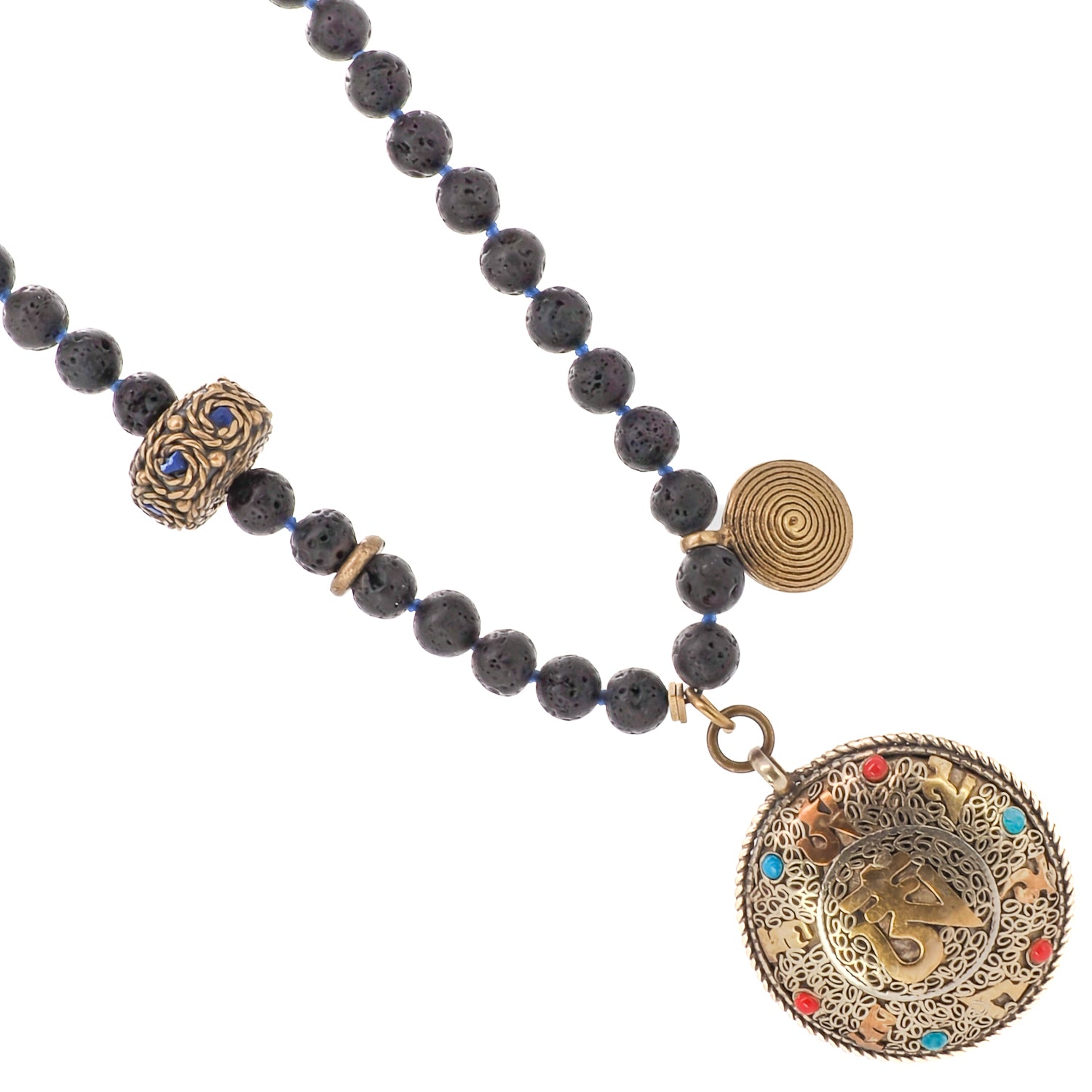 Unique Nepal Spiral Charm: Brass Handmade Bead with Lapis Lazuli Inlay