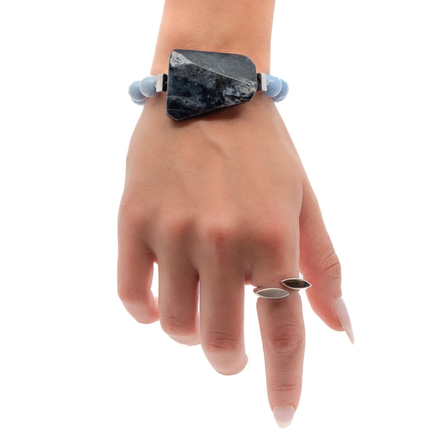 Bracelet on Hand Model Featuring Blue Lace Agate and Jasper Stones