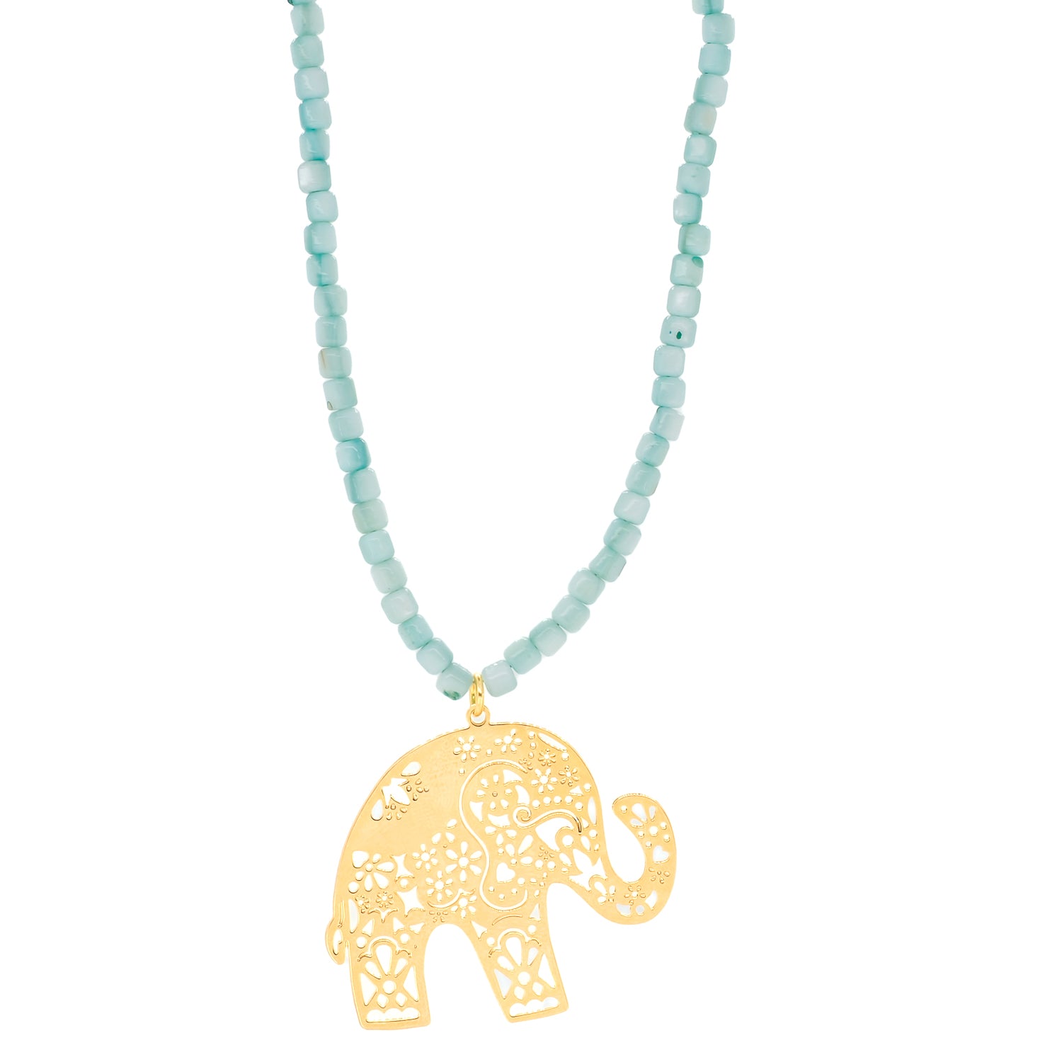 Bohemian Elephant Necklace with Blue Pearl Crystal Beads and Gold Plated Elephant Pendant