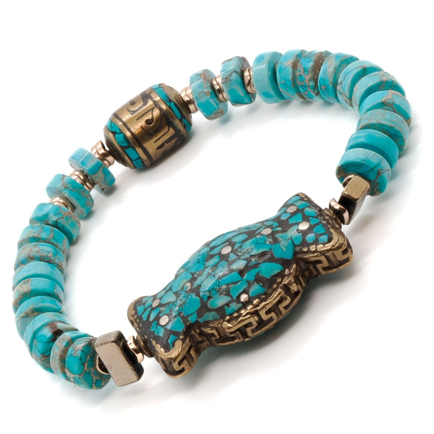 Gold hematite and Tibetan mantra beads add a touch of elegance