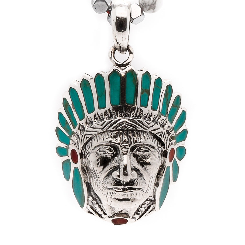 Unisex Chief Pendant Necklace featuring a handmade sterling silver Native American Indian head pendant.