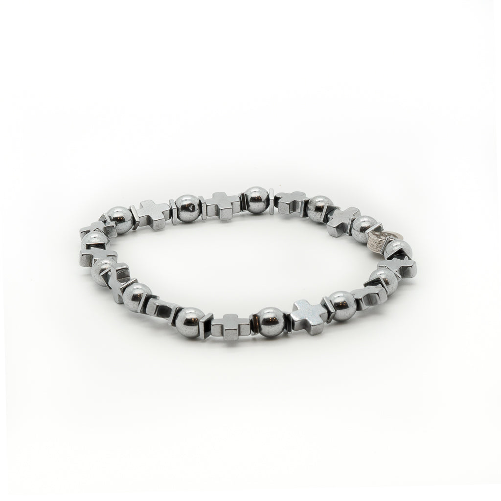 A stylish Cross Men Bracelet featuring silver color hematite stone beads and a cross pendant. Handcrafted for men who appreciate religious symbolism and fashion-forward jewelry.