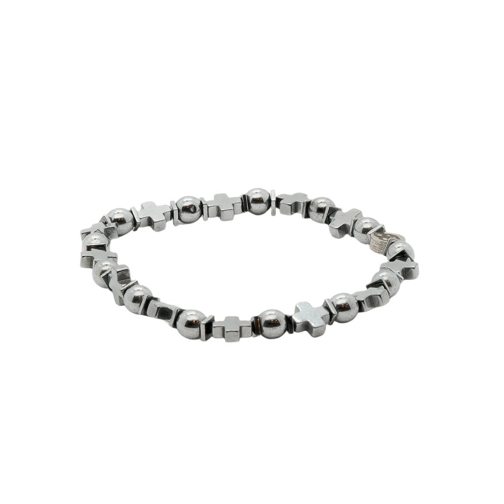 A stylish Cross Men Bracelet featuring silver color hematite stone beads and a cross pendant. Handcrafted for men who appreciate religious symbolism and fashion-forward jewelry.