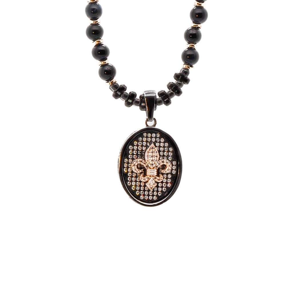Diamond Fleur de Lis Men&#39;s Necklace, featuring Labradorite stone beads and a sterling silver pave diamond Fleur de Lis pendant.