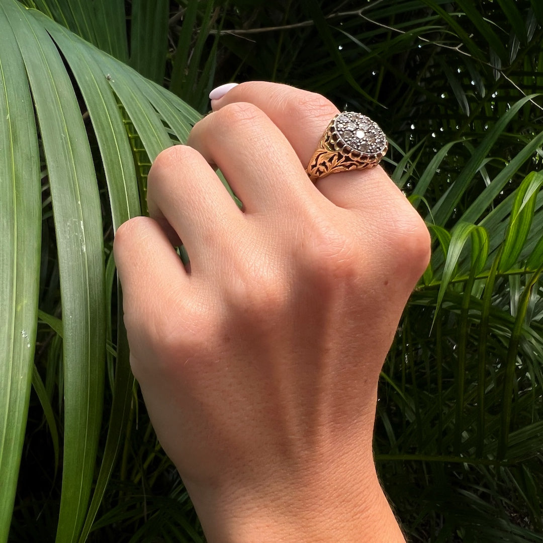 Hand model wearing the stunning 18 yellow gold and brown diamond ring from Ebru Jewelry's luxury series, radiating sophistication and charm.