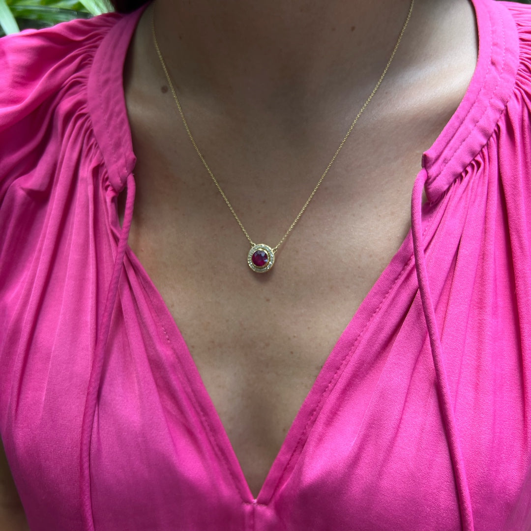 Model wearing the Elegant Ruby & Diamond Necklace, radiating confidence and elegance with the vibrant ruby and sparkling diamonds adorning her neck.