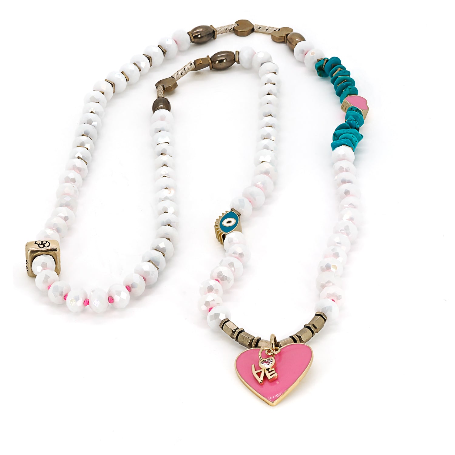 The Eternal Love Necklace is designed with a combination of white crystal beads, turquoise stone beads, and gold hematite spacers that add a touch of elegance and sophistication to the design.