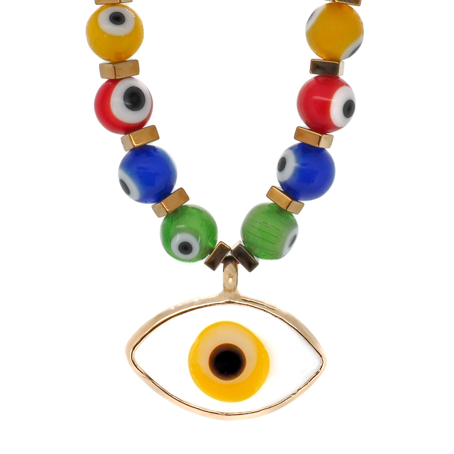 Vibrant Evil Eye Pendant Necklace - A captivating display of the Evil Eye Beaded Necklace, highlighting the vibrant colors of the glass evil eye beads and the gold hematite stone accents. This necklace is a unique blend of protection and spirituality, perfect for adding a pop of color to any outfit.
