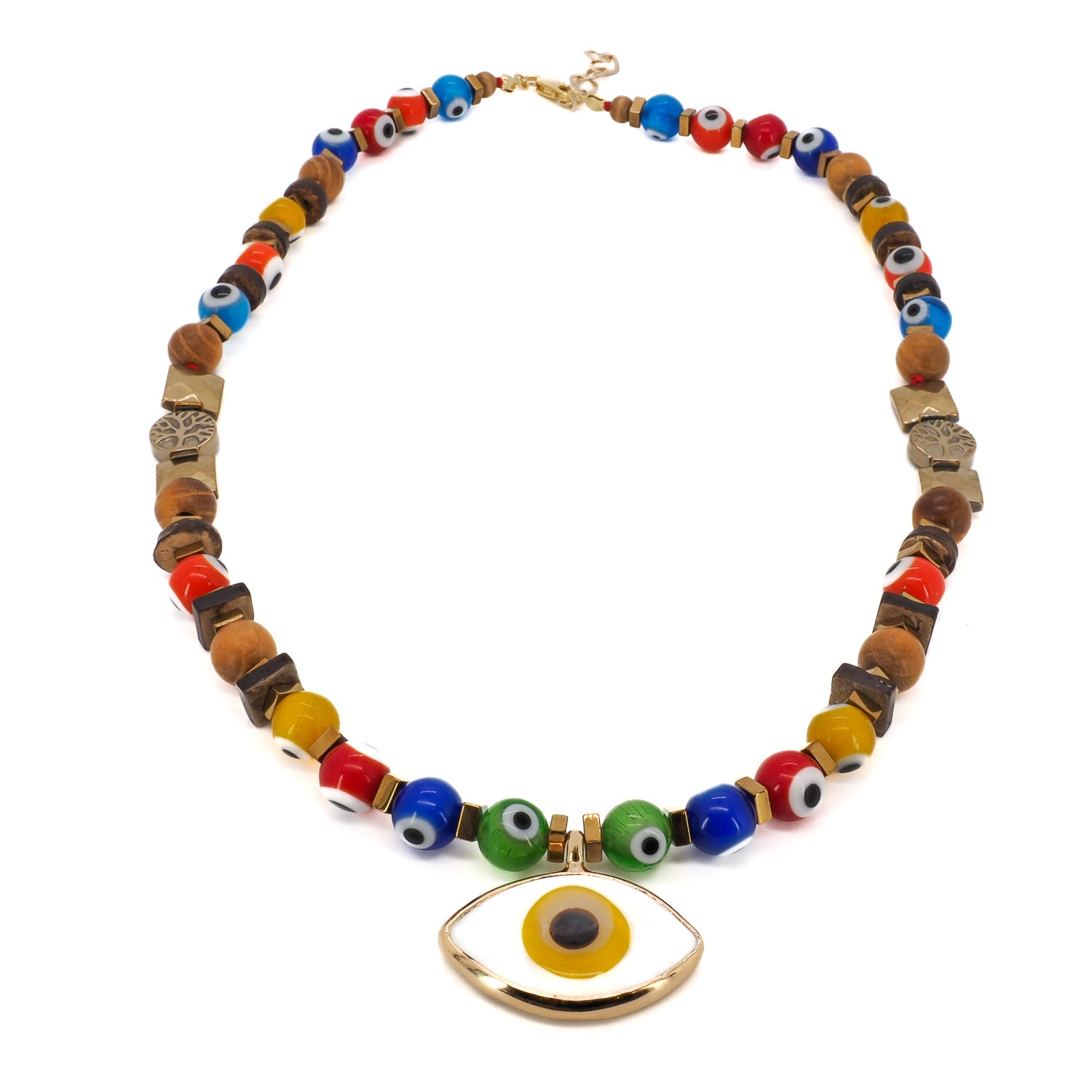 Handcrafted Evil Eye Necklace - A close-up of the intricate details of the Evil Eye Beaded Necklace, showcasing the colorful glass evil eye beads, gold hematite stone beads, and the tree of life pendant.