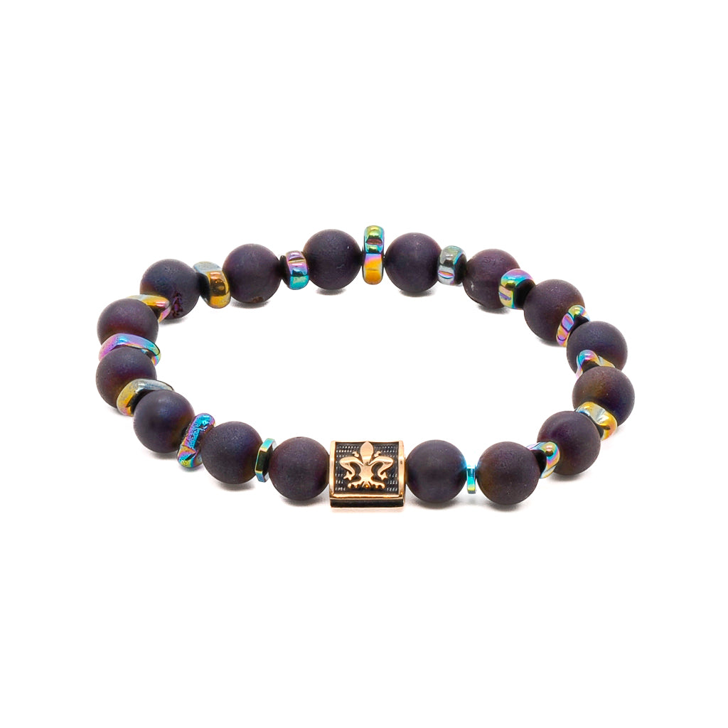 Fleur de Li Agate Bracelet - Handmade jewelry with multicolor Hematite and Druzy Agate stone beads, featuring a stunning bronze on gold plated Fleur de li charm.