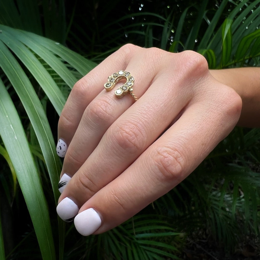 Hand Model Displaying Gold and Diamond Horseshoe Ring - The luxurious appeal of the 14k yellow gold ring with chocolate diamonds is beautifully showcased by a hand model.