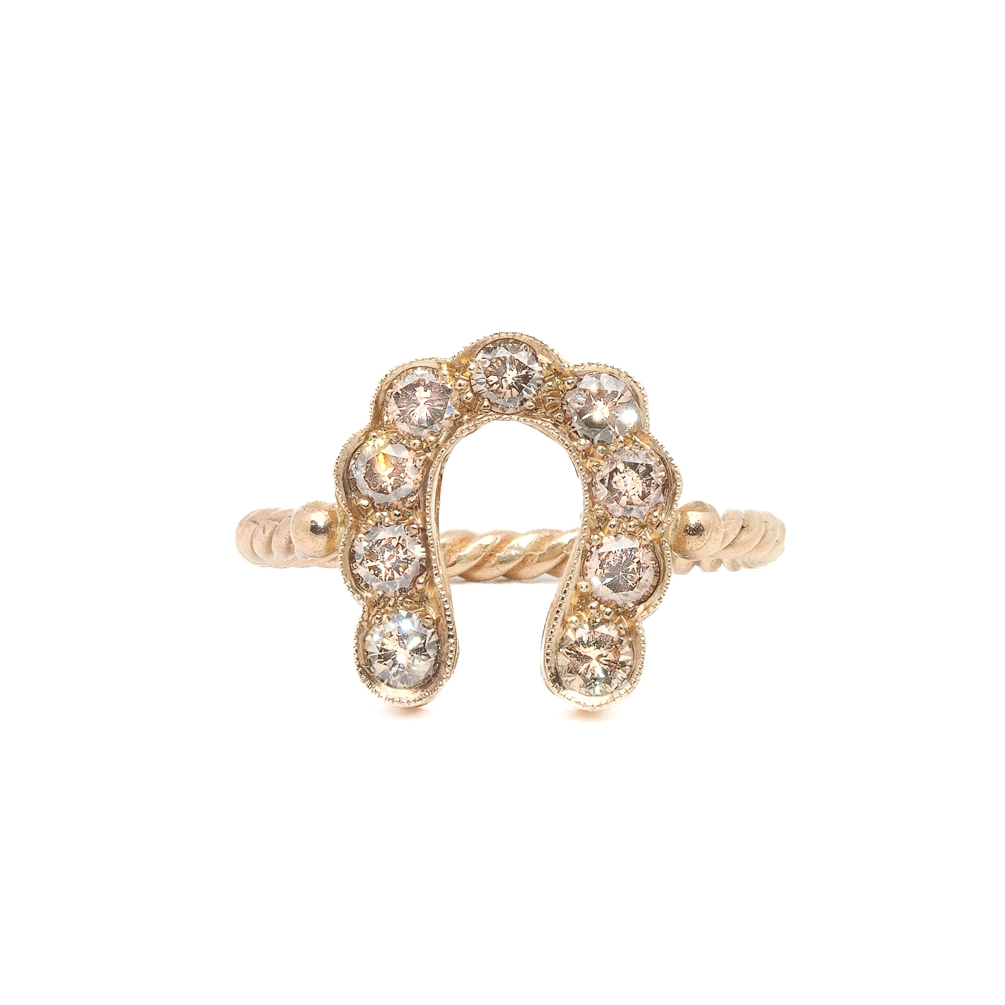 Gold and Diamond Horseshoe Ring - Exquisite handmade ring crafted from high-quality 14k yellow gold, showcasing a horseshoe design embellished with 0.25ct chocolate diamonds.