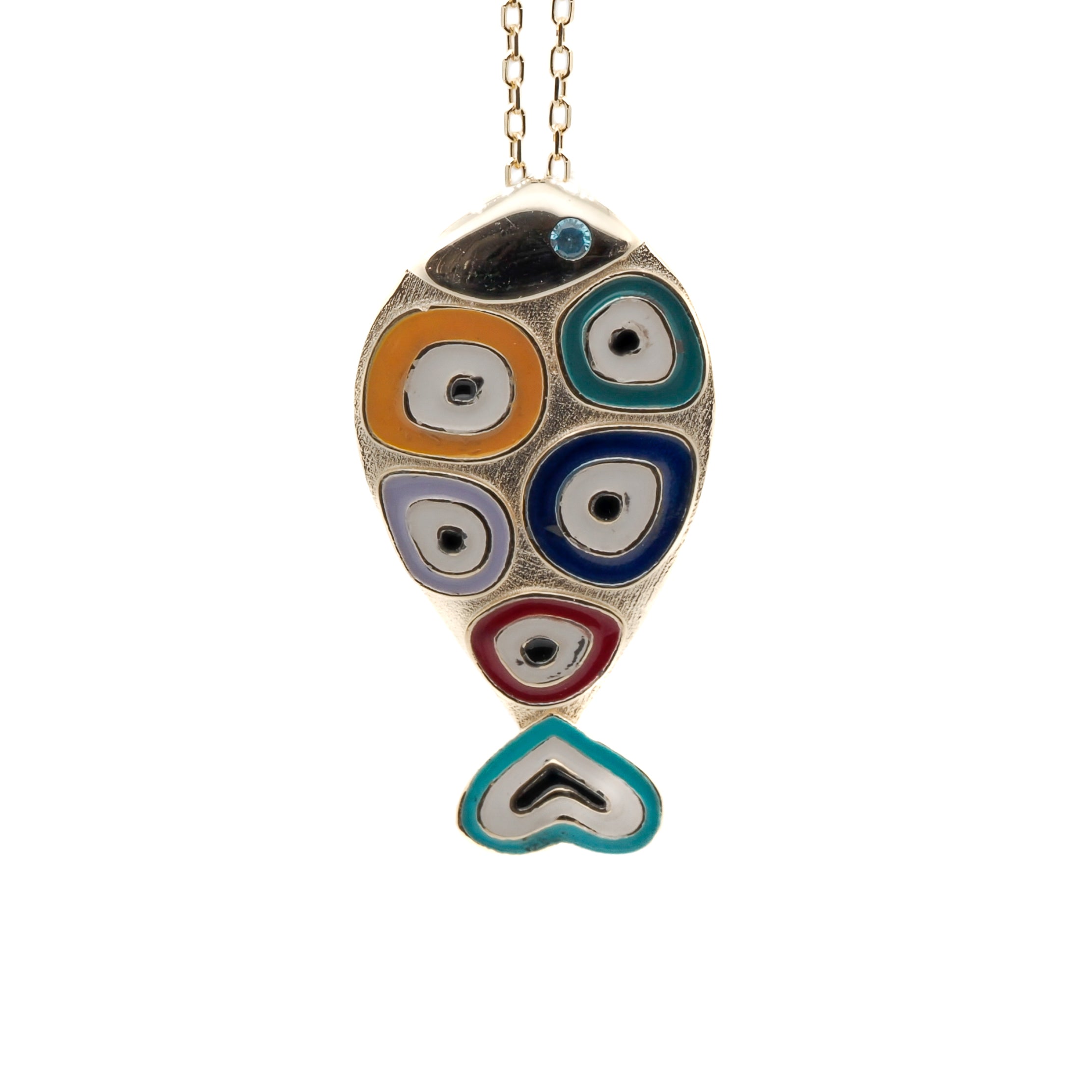 Gold and Enamel Evil Eye Fish Necklace - Handmade 925 Sterling silver on 18K gold plated necklace with a colorful enamel pendant featuring a fish and intricate evil eye designs.