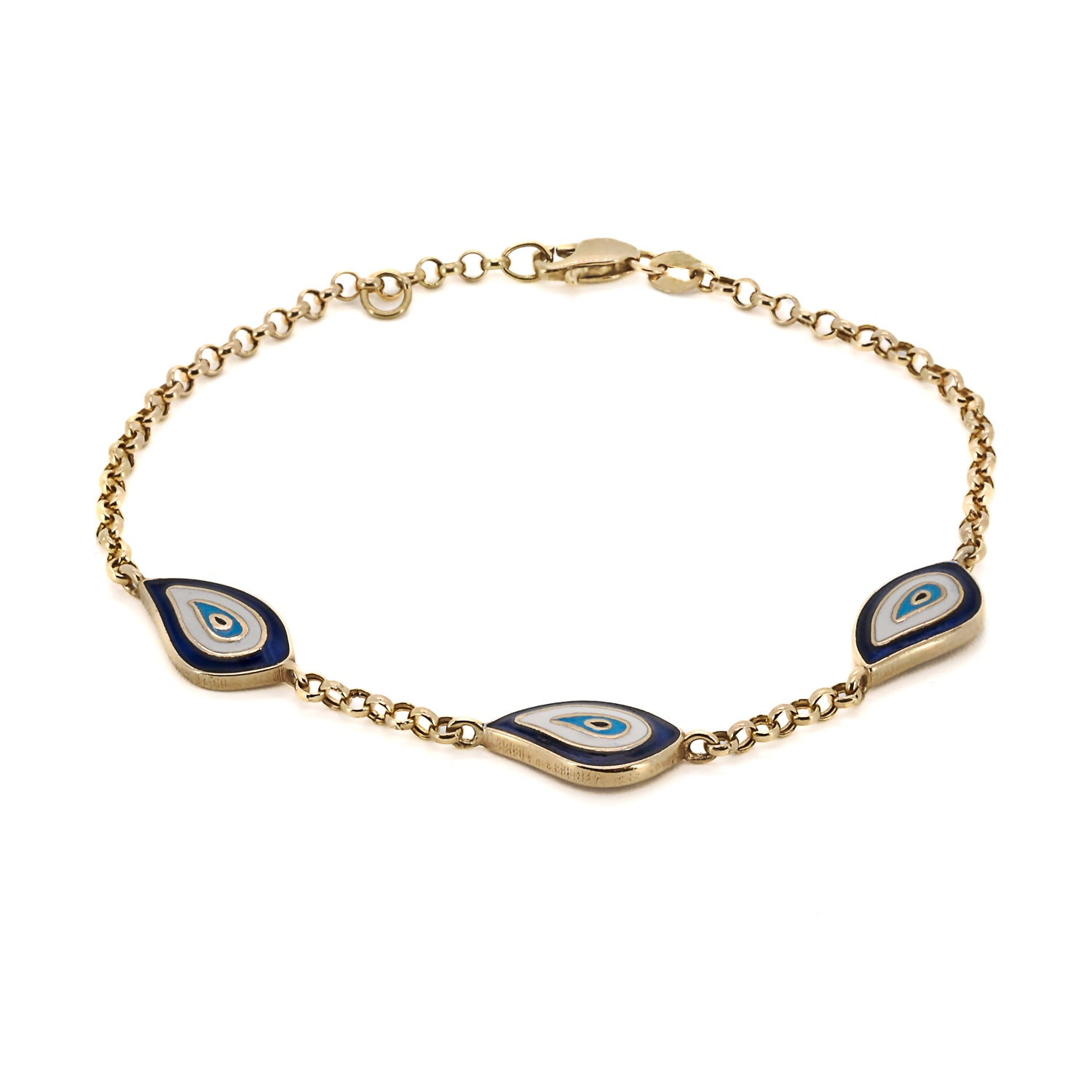 Gold Teardrop Lucky Evil Eye Bracelet - A close-up view of the exquisite Gold Teardrop Lucky Evil Eye Bracelet, showcasing the teardrop-shaped charms crafted from 14k gold and adorned with blue enamel.