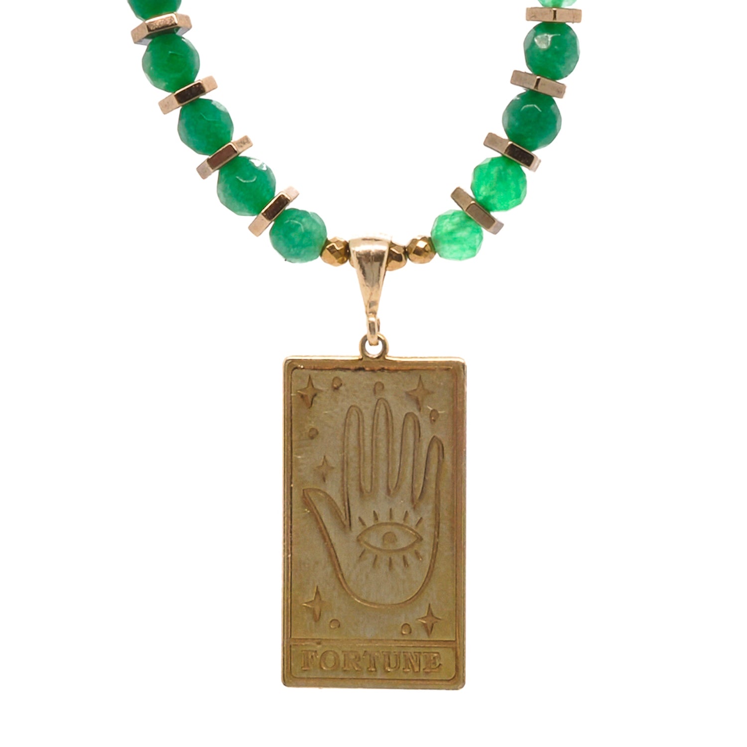 Good Fortune Tarot Necklace - A close-up view of the beautiful green jade beads and gold hematite heart beads on the Good Fortune Tarot Necklace, with the Tarot Fortune Card pendant shining in the center.