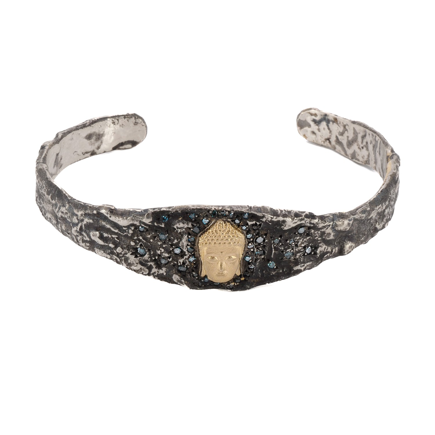 Handmade Buddha Bangle Bracelet - This exquisite bangle bracelet is meticulously handcrafted using sterling silver, 14k gold, and adorned with 0.75 carat blue diamonds, creating a luxurious and meaningful piece of jewelry.