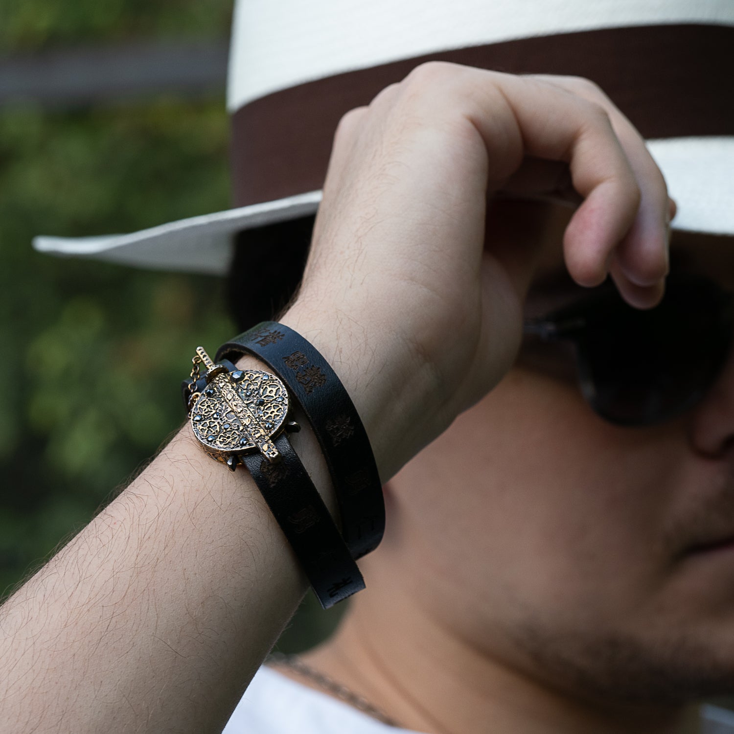 Our model proudly showcases the Handmade Gold and Diamond Bushido Bracelet, highlighting its exquisite craftsmanship, elegant design, and the powerful symbolism of the Bushido symbol.