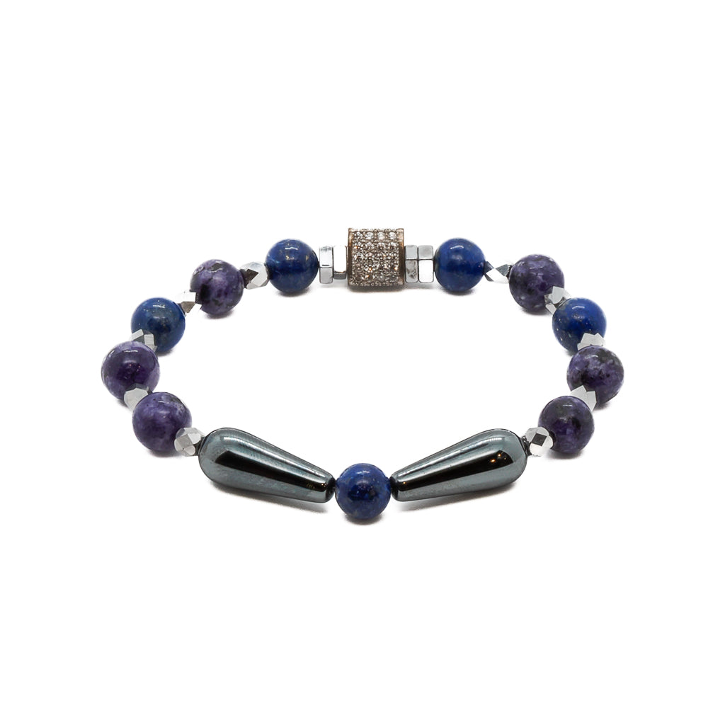 The Hematite Healing Bracelet, featuring a captivating combination of hematite, lapis lazuli, and a sparkling Swarovski crystal bead.