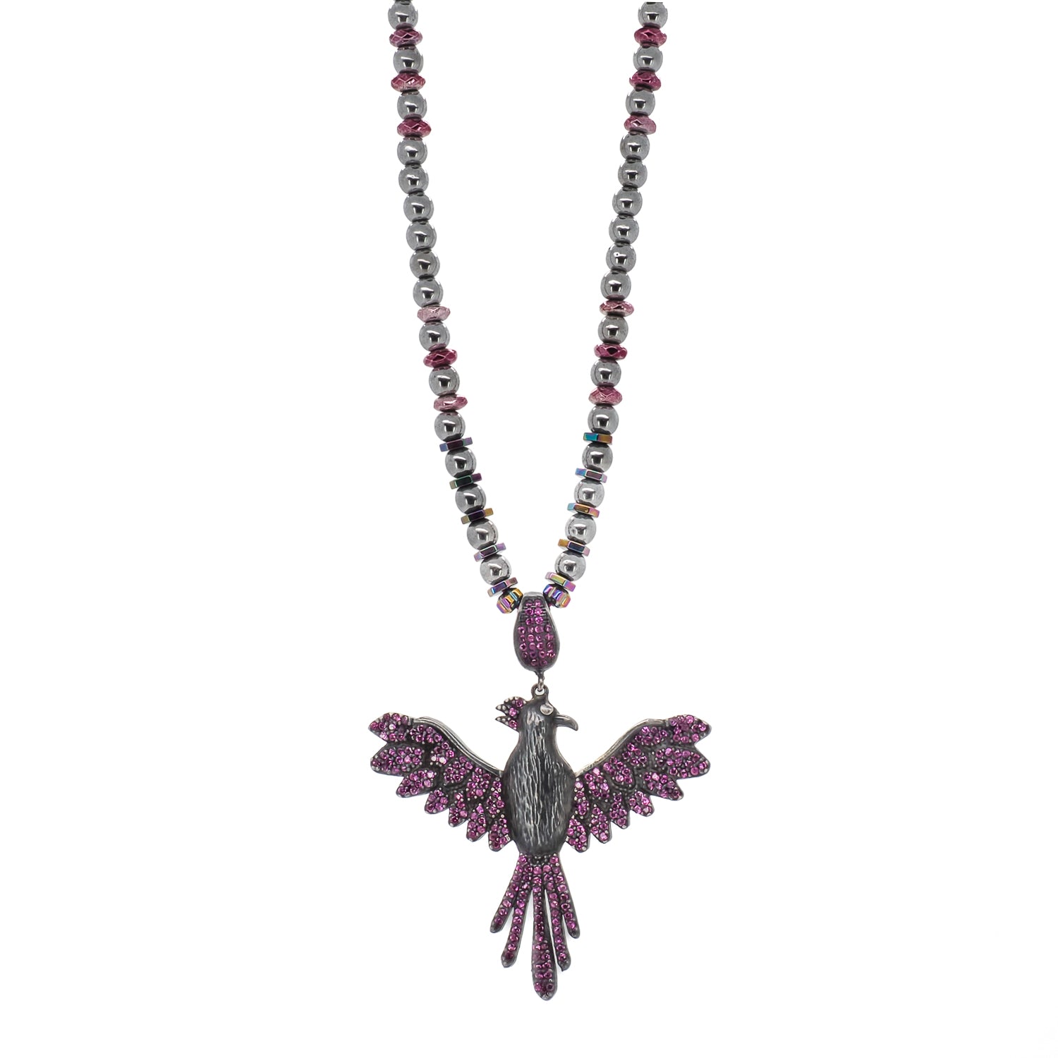 A one-of-a-kind necklace with silver hematite stone beads and a handmade Phoenix pendant, representing rebirth and immortality.