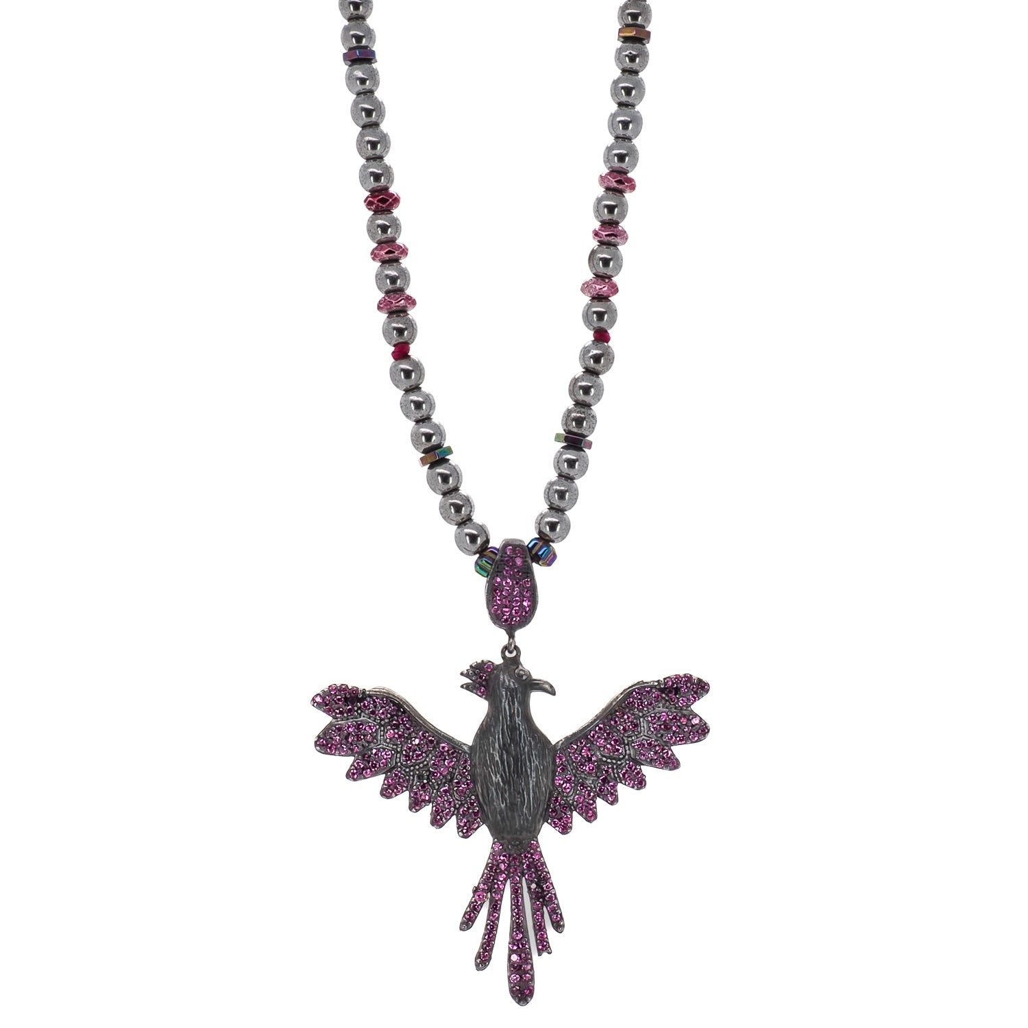 The Inner Rebirth Phoenix Necklace featuring silver hematite stone beads and a handmade Phoenix pendant with Swarovski crystals.