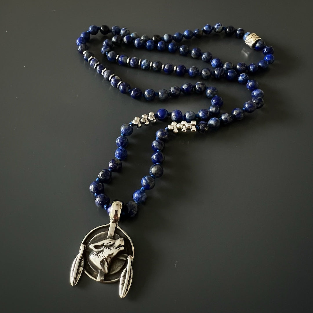 Bold and elegant Lapis Lazuli Brave Wolf Necklace, symbolizing protection and inner peace.