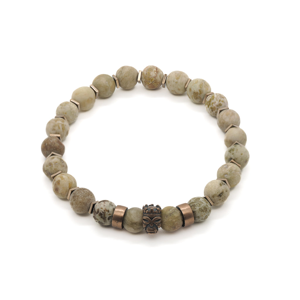 Lion King Bracelet, featuring matte Tree Agate stone beads and a bronze gold-plated Lion King accent bead, radiating strength and regal vibes.