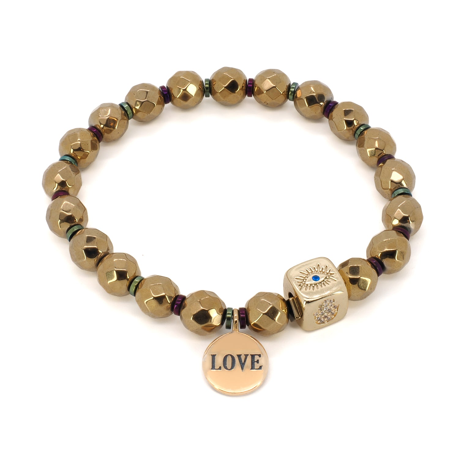 Embrace the spiritual protection with the Love Symbol Bracelet, adorned with a gold Evil Eye and Hamsa accent bead and natural hematite gemstones.
