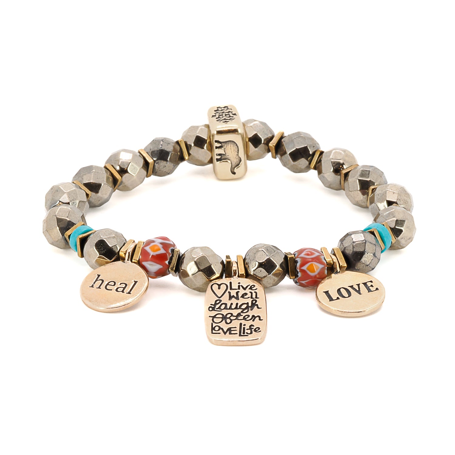 Embrace the positive message of the &quot;Love Your Life&quot; Bracelet, featuring gold hematite beads and meaningful bronze charms.