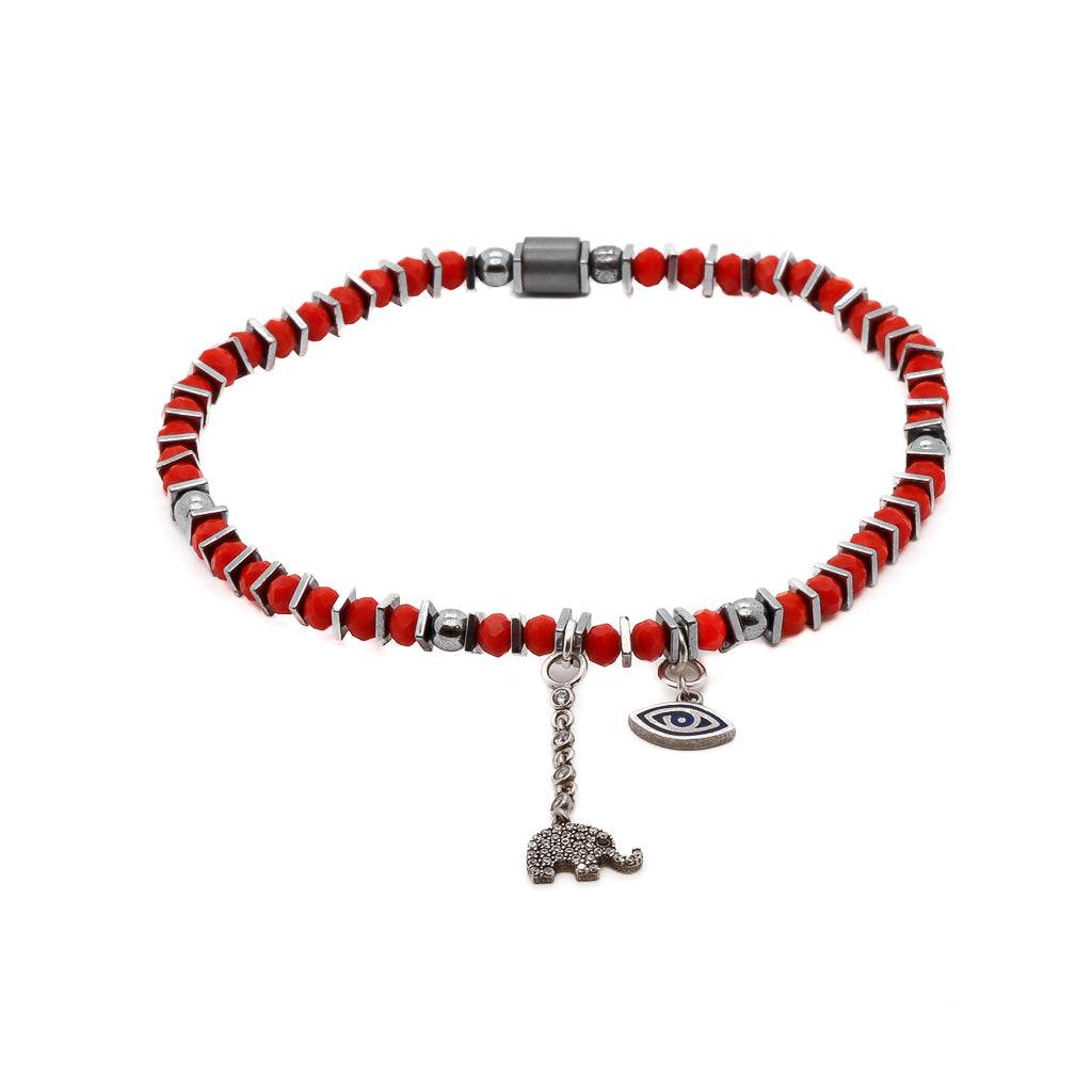 Embrace the positive energy and luck with the Lucky Elephant Anklet, featuring a silver elephant charm and evil eye charm for protection.