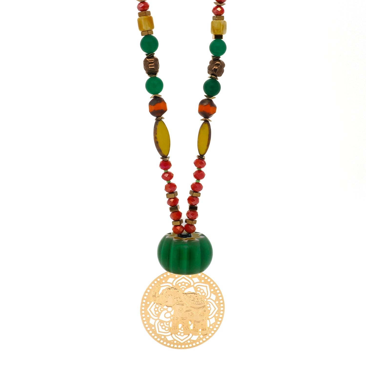 The Mystic Bohemian Elephant Necklace, showcasing its vibrant combination of crystal beads, green jade beads, African beads, and the captivating handmade glass green floral bead.